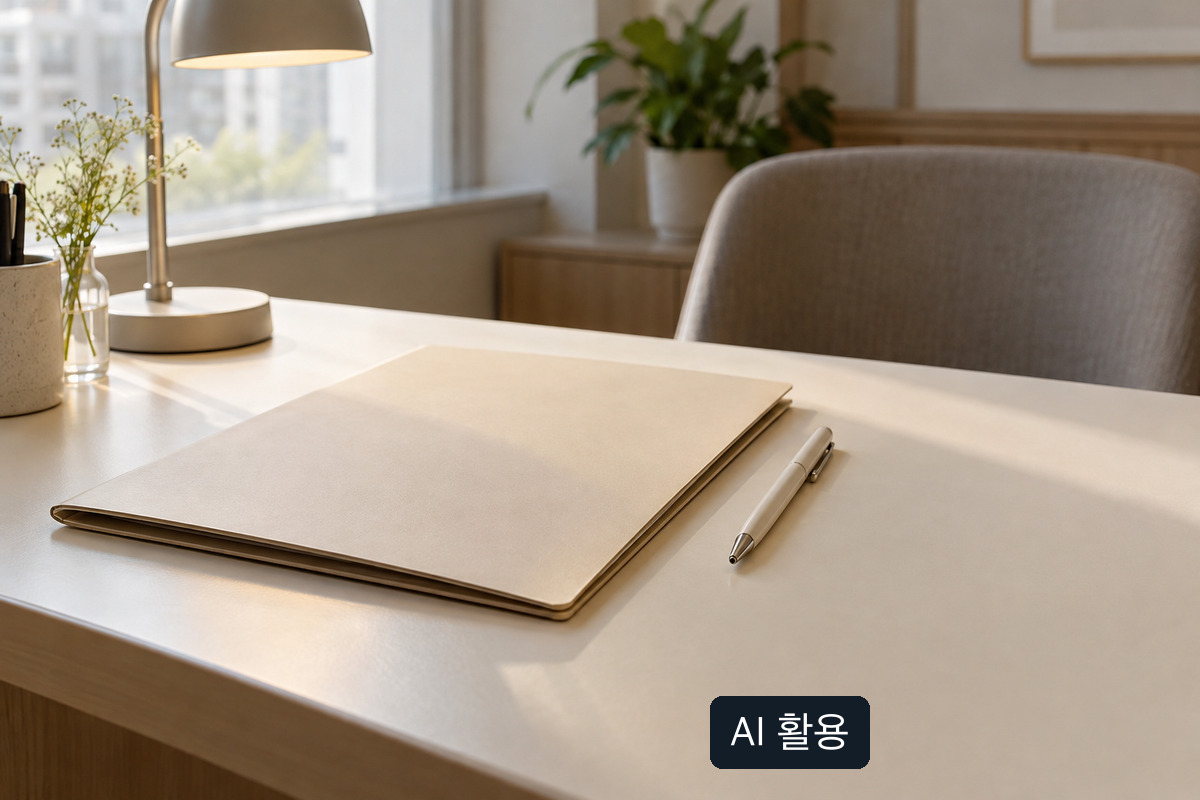 AI 생성 개념 이미지: 밝은 책상 위 닫힌 베이지색 폴더와 펜, 옆의 스탠드와 꽃병. 실제 환자 서류가 아님
