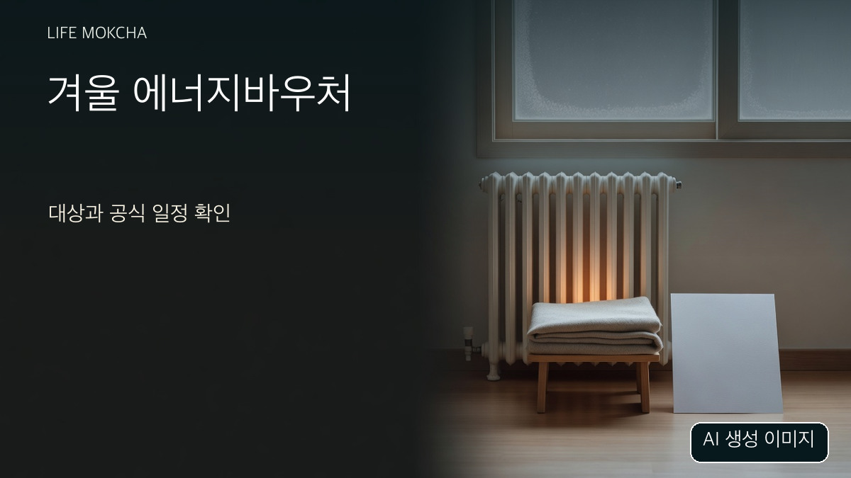 AI 생성 설명 이미지: 겨울 집 안의 난방기, 실제 바우처·고지서가 아님