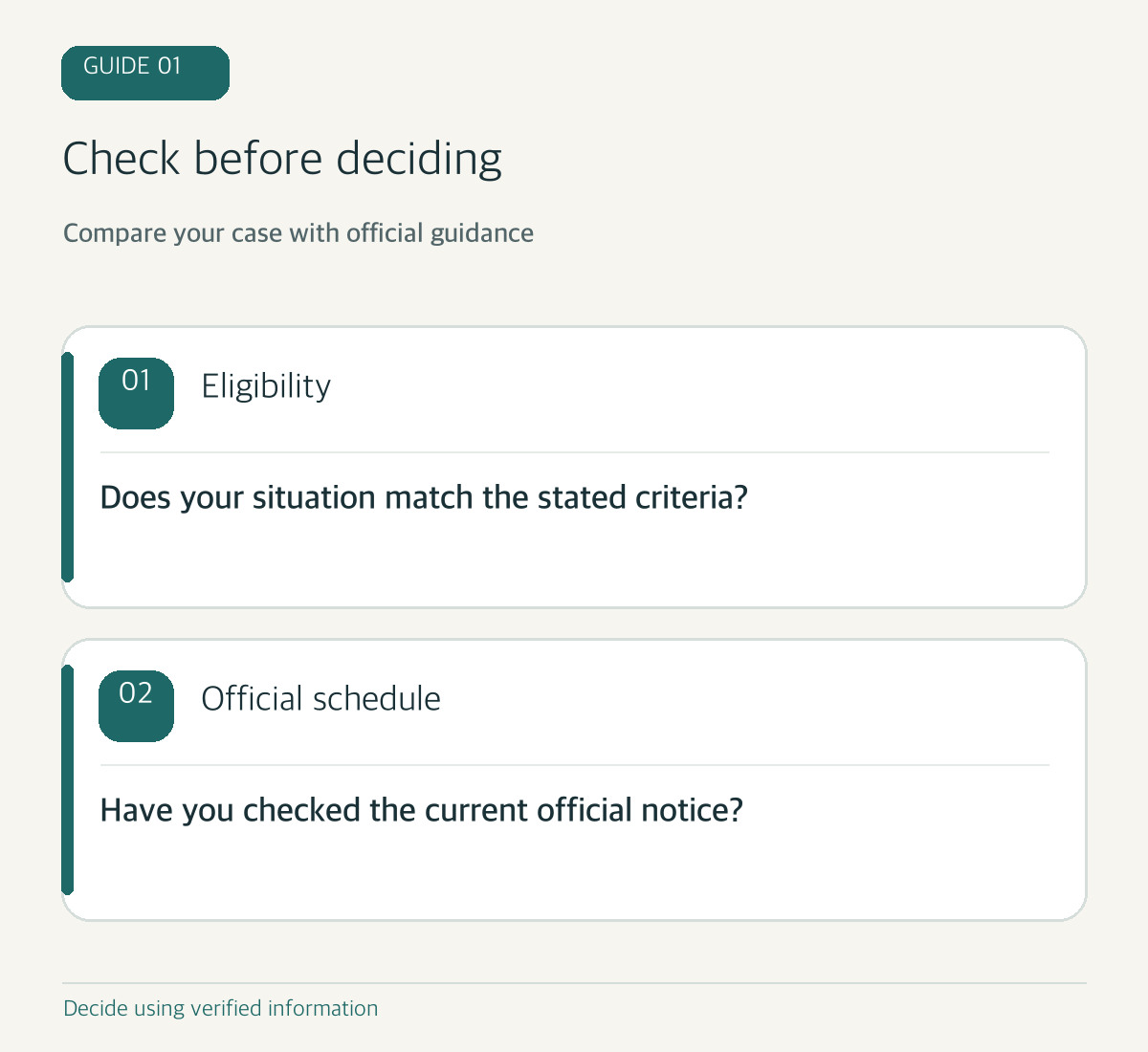Code-drawn decision diagram: check eligibility and the official schedule separately
