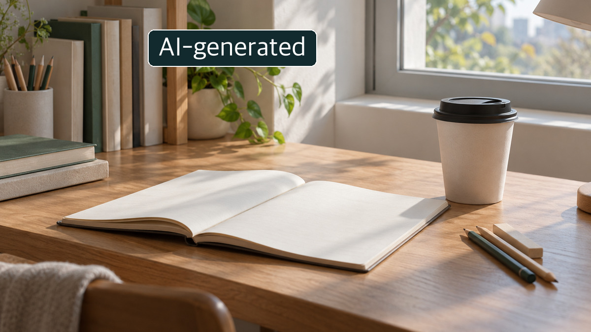 A fictional study desk by a window with an open notebook and an unbranded paper cup