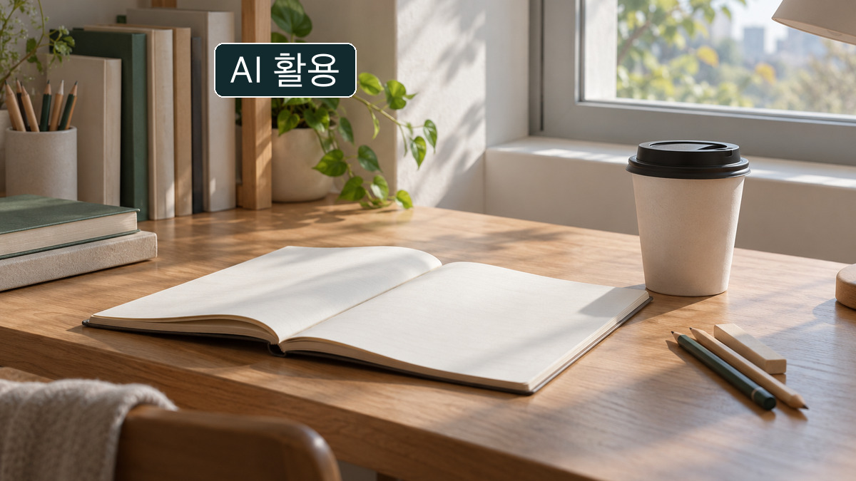 창가의 책상에 펼쳐진 공책과 로고 없는 종이컵을 배치한 가상 학습 장면