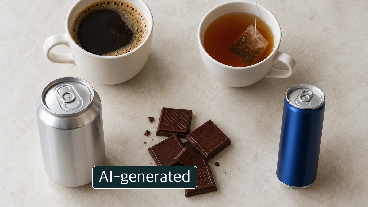 An illustrative arrangement of coffee, tea, plain cans and chocolate with no caffeine values or brands