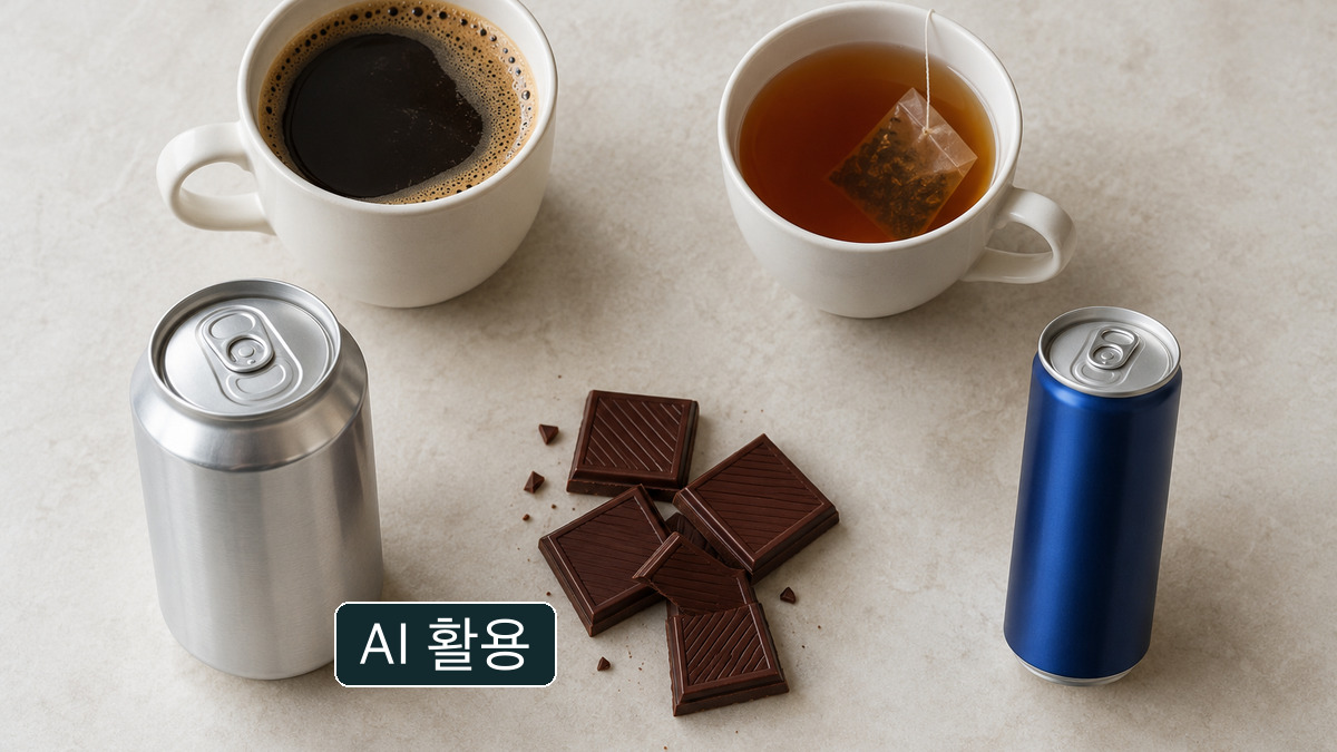 로고와 카페인 수치가 없는 커피잔·찻잔·캔·초콜릿을 배열한 예시 장면