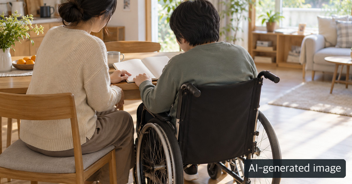An adult wheelchair user and another adult sitting together at home.