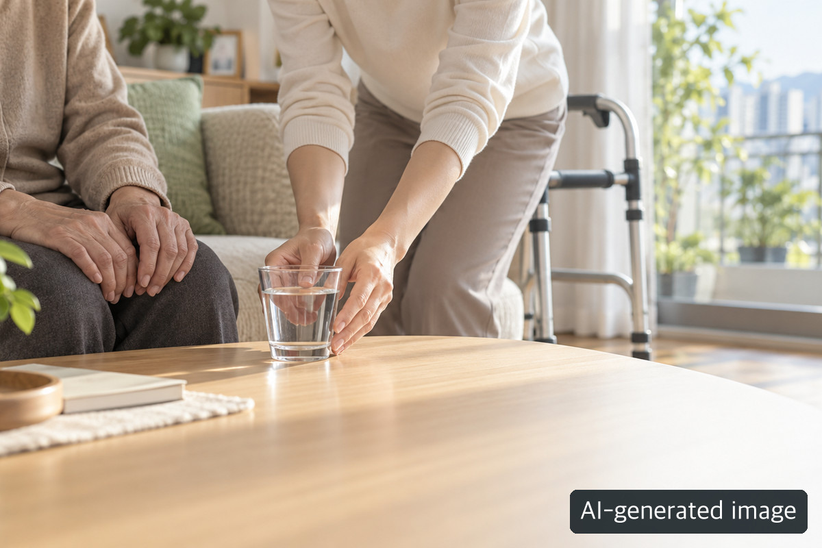One adult offering another adult a glass of water at home.