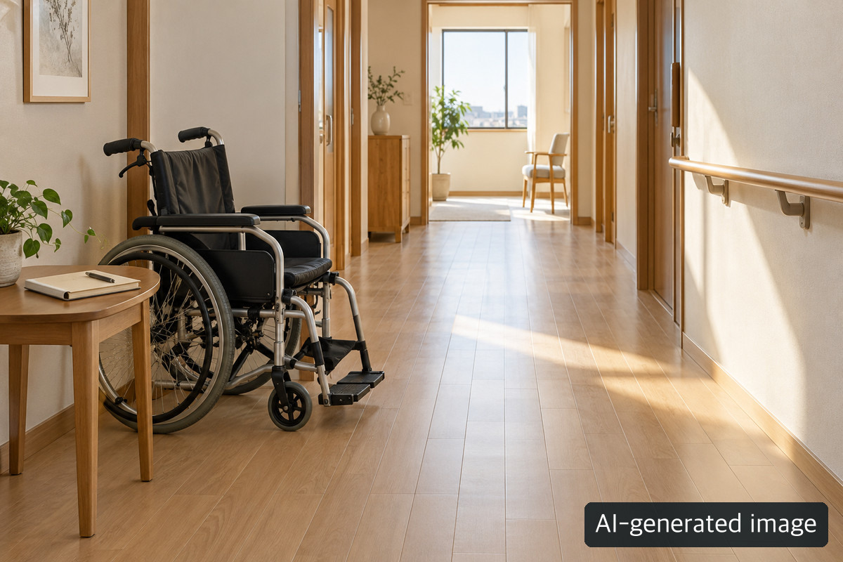 An empty wheelchair in a corridor inside a home.