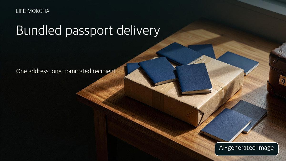 AI-generated conceptual props: unmarked booklets and parcel, not real Korean passports or a delivered package