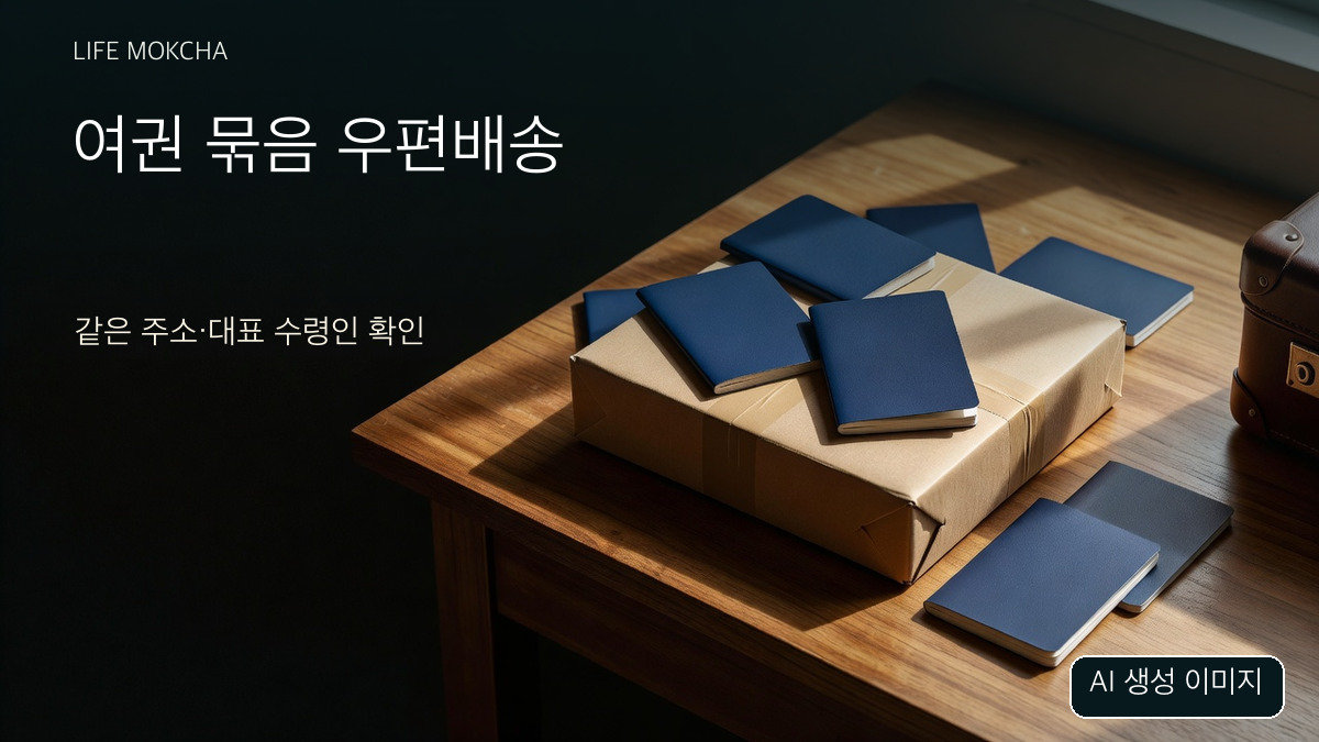 AI 생성 설명 이미지: 무표기 책자와 포장 상자, 실제 여권·배송물이 아님