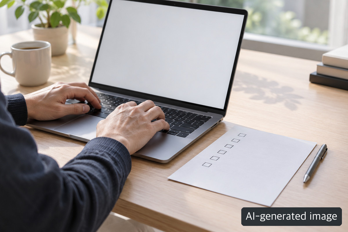 AI-generated conceptual photo of a blank laptop and an unmarked checklist, not a genuine FIU search screen or decision.