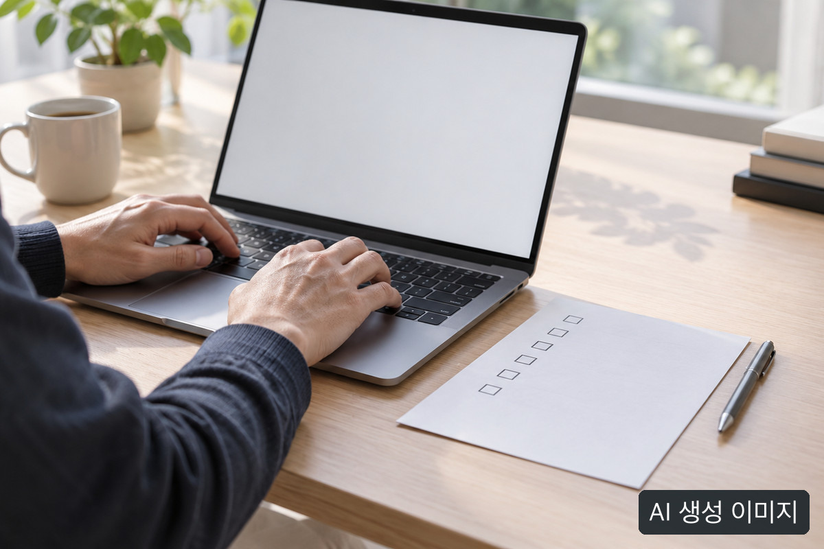 AI 생성 개념 사진: 빈 노트북 화면과 체크박스만 있는 종이. 실제 FIU 검색 화면이나 심의 결과가 아닙니다.
