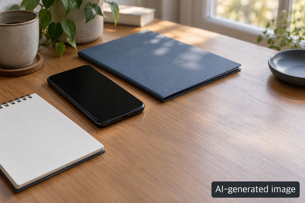 AI-generated conceptual still life with a phone and blank notebooks, not an actual account or withdrawal.