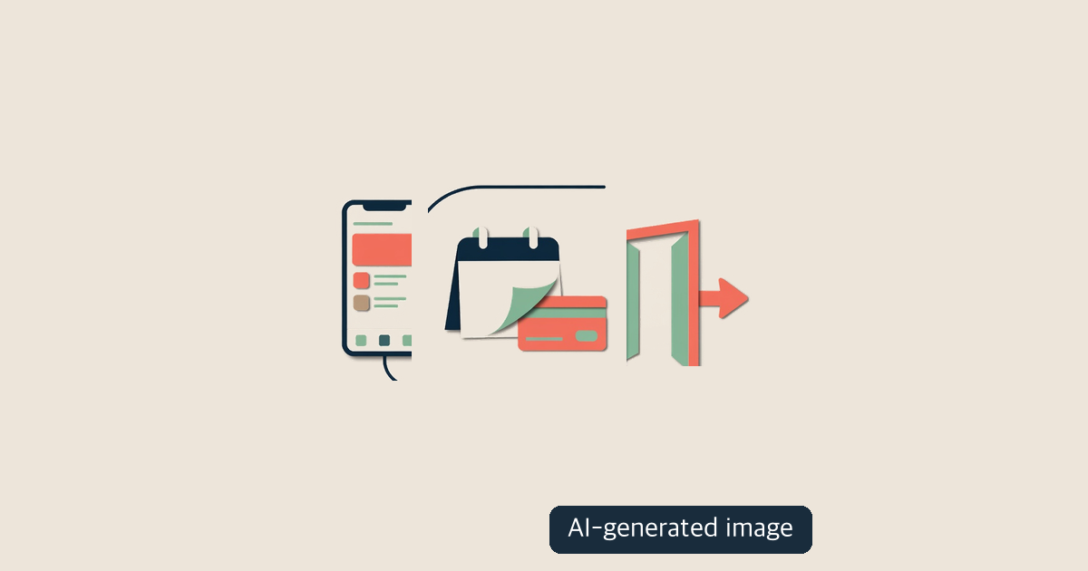 AI-generated conceptual illustration of a phone, calendar, payment card and exit; not a real service interface