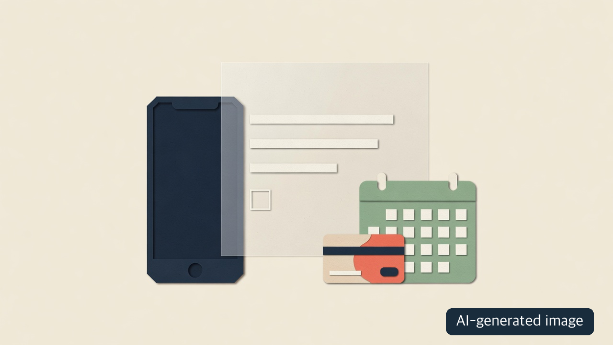 AI-generated conceptual illustration of blank consent fields, a calendar and a payment card; not an actual contract