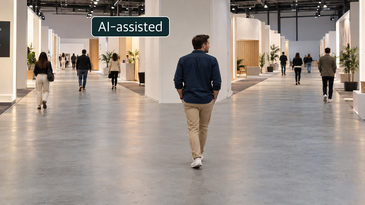 Visitors walking along an unbranded exhibition aisle