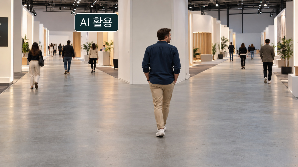 일반 전시장 통로를 따라 걷는 관람객