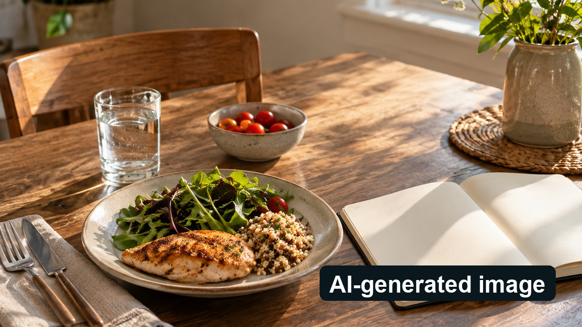 Generic meal and blank notebook on a home table