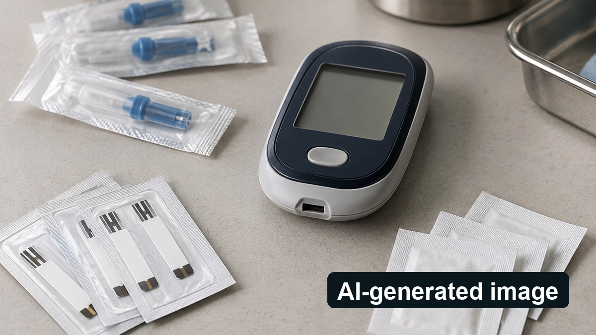 AI-generated image: Blood-glucose meter without a visible result and testing supplies