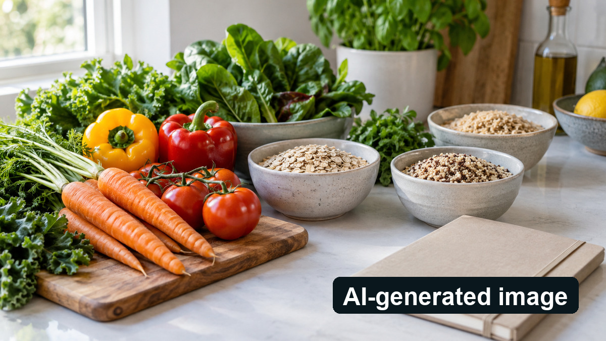 AI-generated image: Vegetables, grains and a blank notebook on a kitchen counter