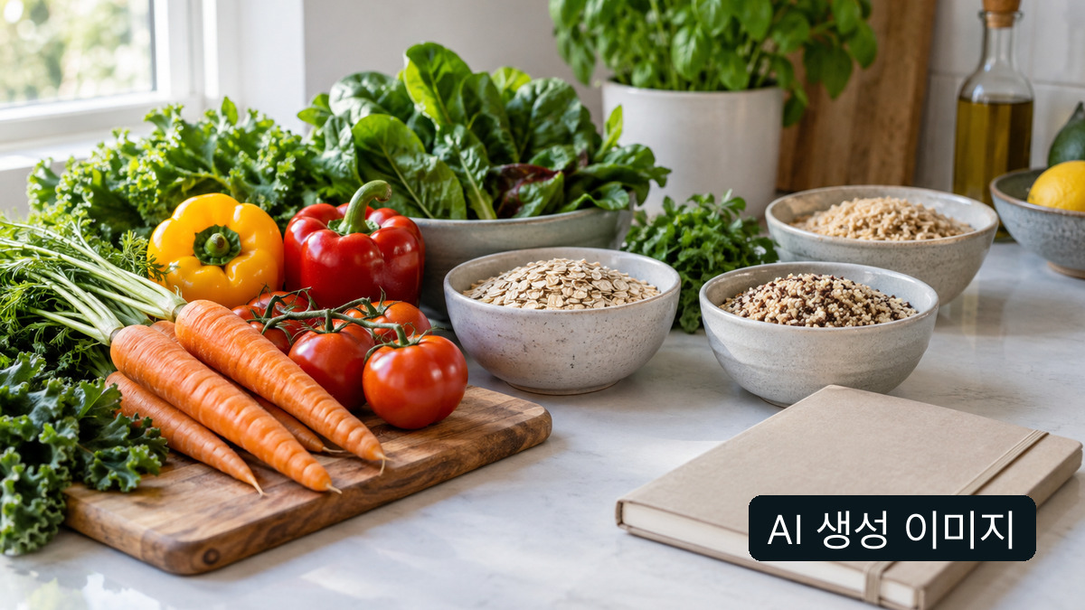 AI 생성 이미지: 채소와 곡물, 빈 메모장의 일반 식생활 장면