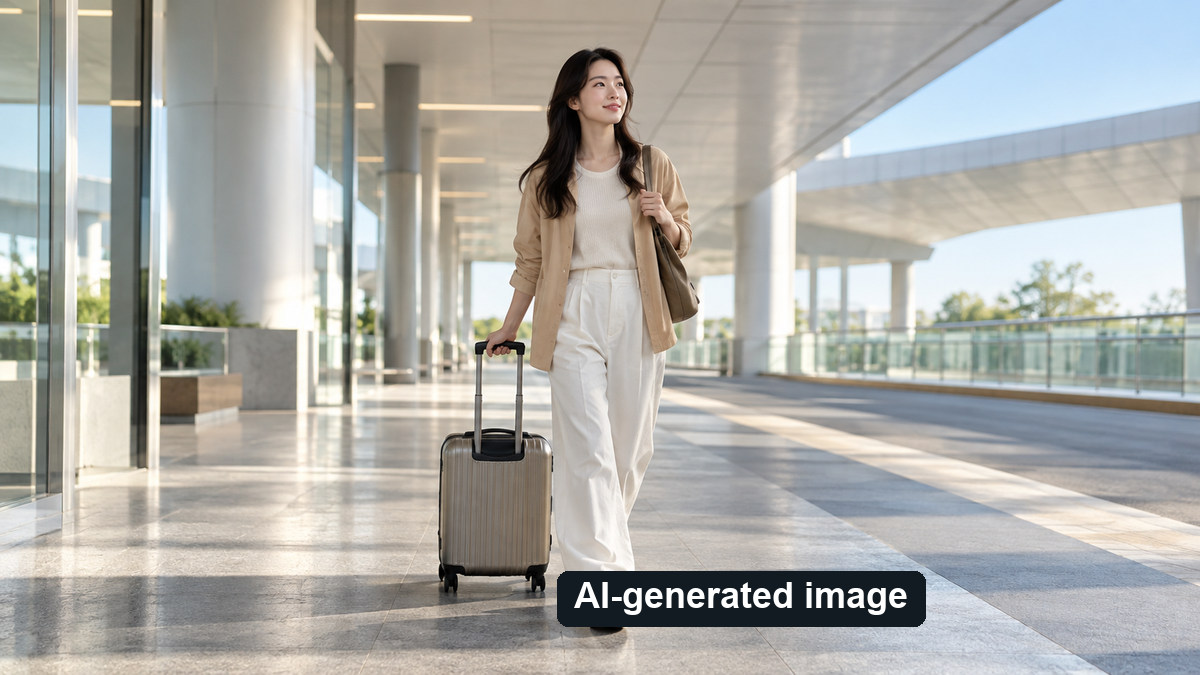 A traveler pulls a suitcase along a bright indoor walkway