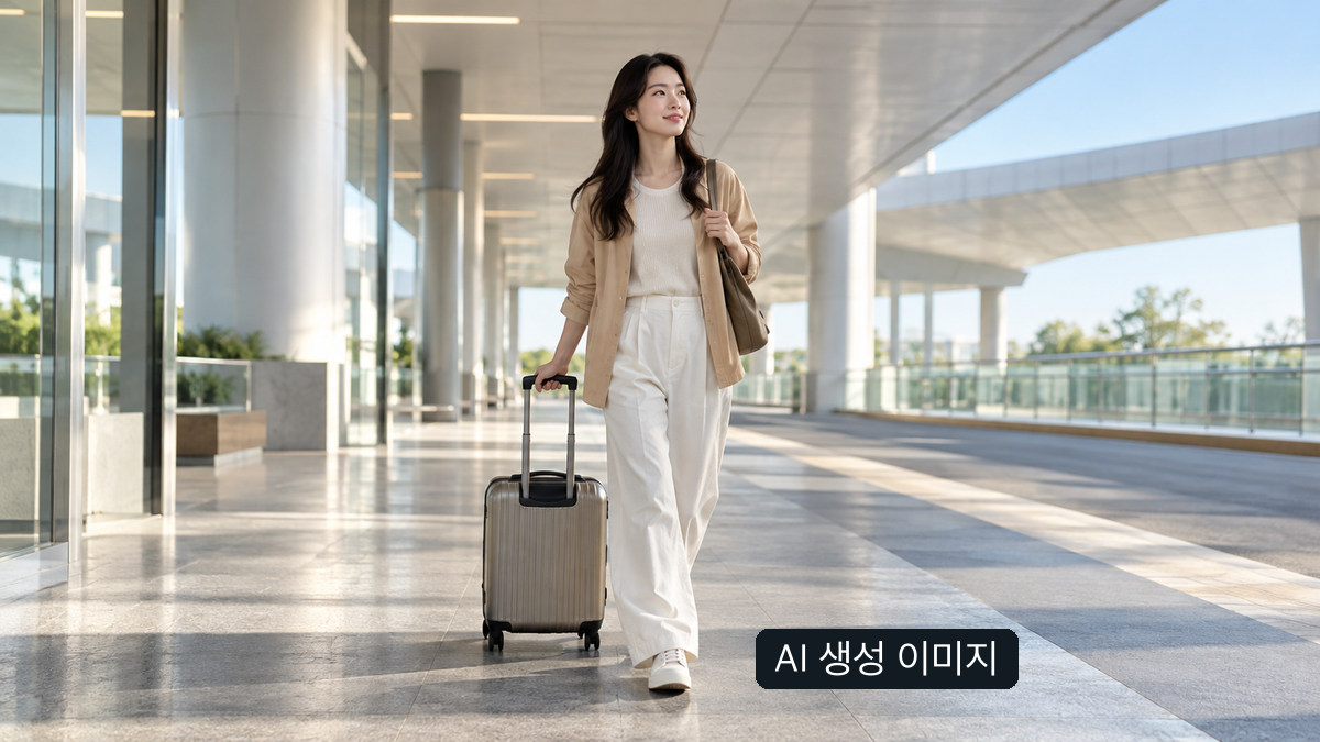여행자가 가방을 끌고 밝은 실내 통로를 걷는 모습