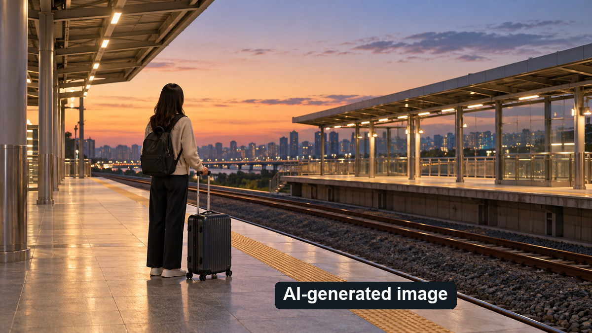 A traveler waits at a rail platform at sunset
