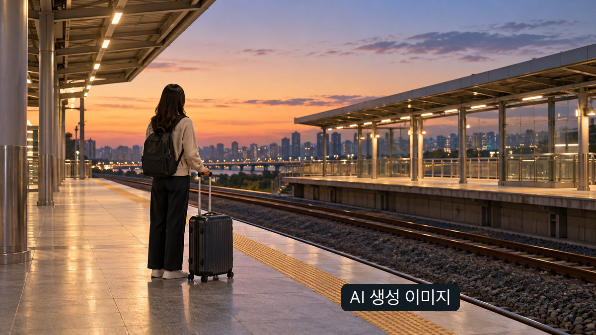 여행자가 해질 무렵 철도 승강장에 서 있는 모습