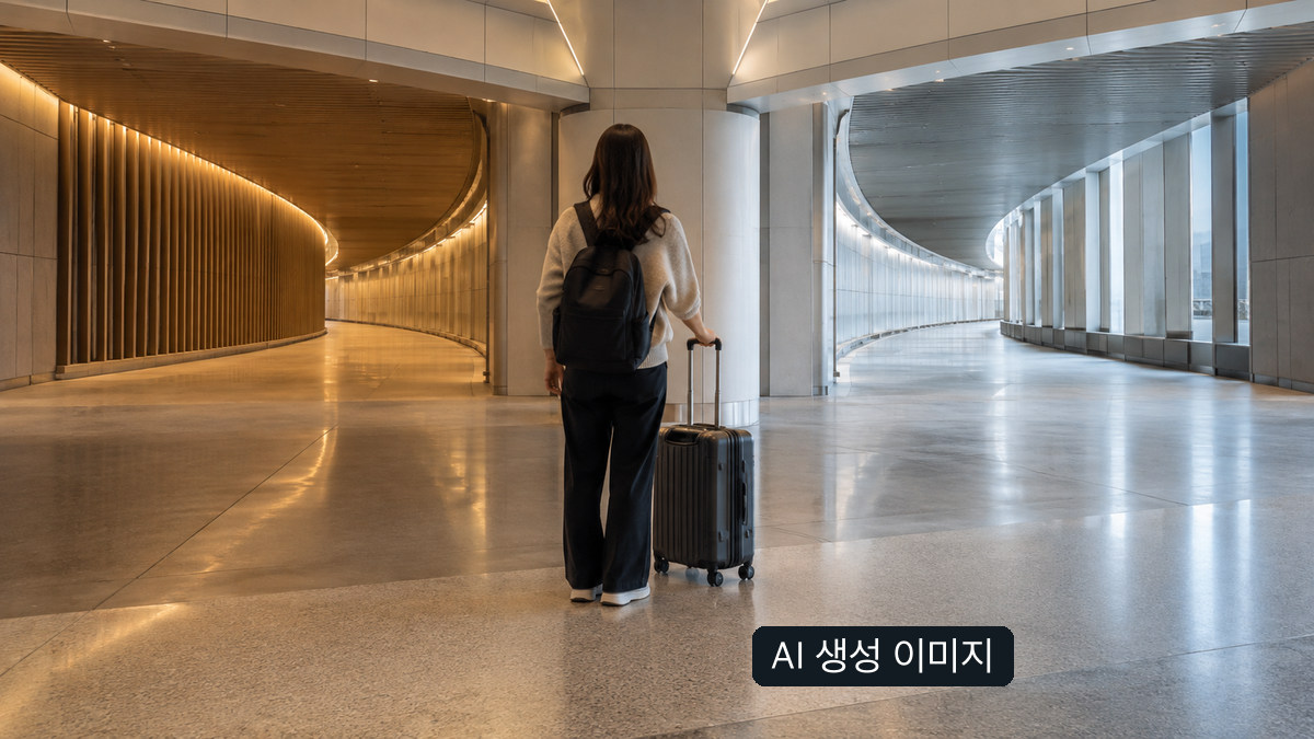 여행자가 양쪽으로 갈라지는 실내 통로에서 방향을 살피는 모습