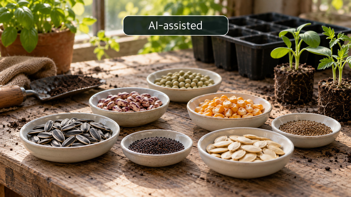 Conceptual bowls of seeds and young seedlings on a greenhouse potting bench, not a photograph of the Gimje expo