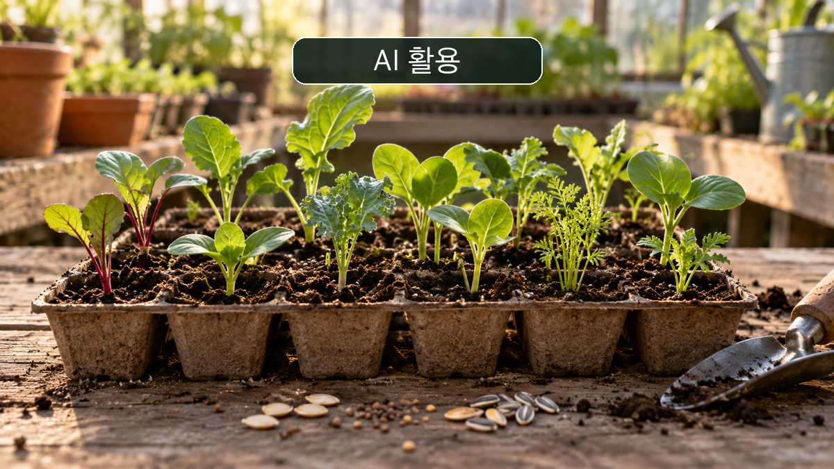 온실의 재배 용기에 자라는 어린 모종을 담은 연출 이미지, 실제 박람회 전시 사진 아님