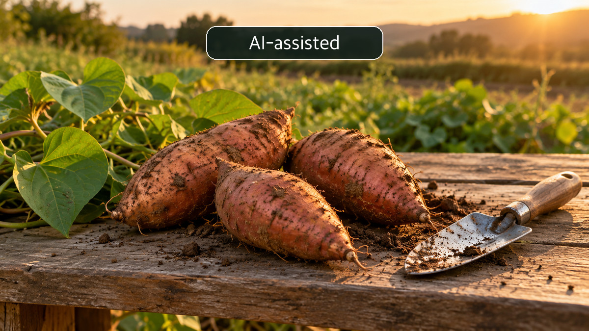 Conceptual harvested sweet potatoes beside a small garden trowel, not a photograph of the expo's harvest activity