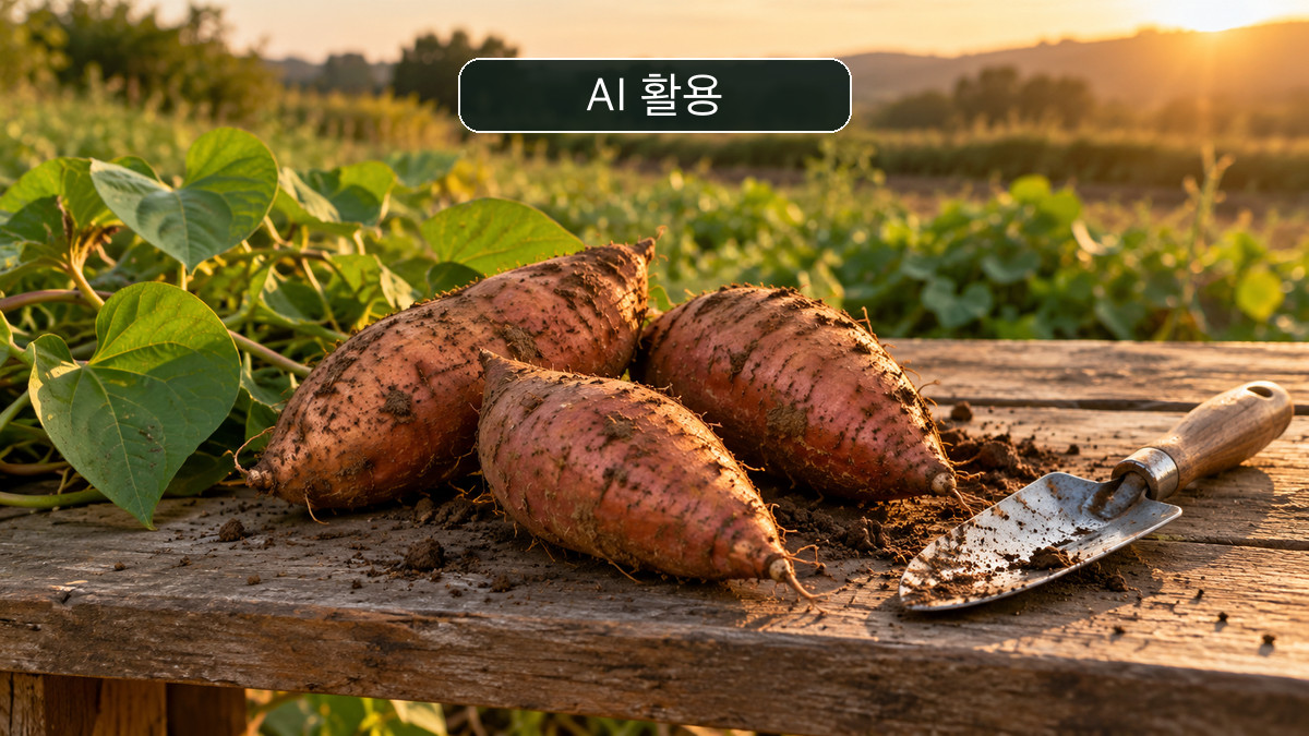 흙 묻은 고구마와 작은 모종삽을 담은 연출 이미지, 실제 박람회 고구마 체험 현장 사진 아님