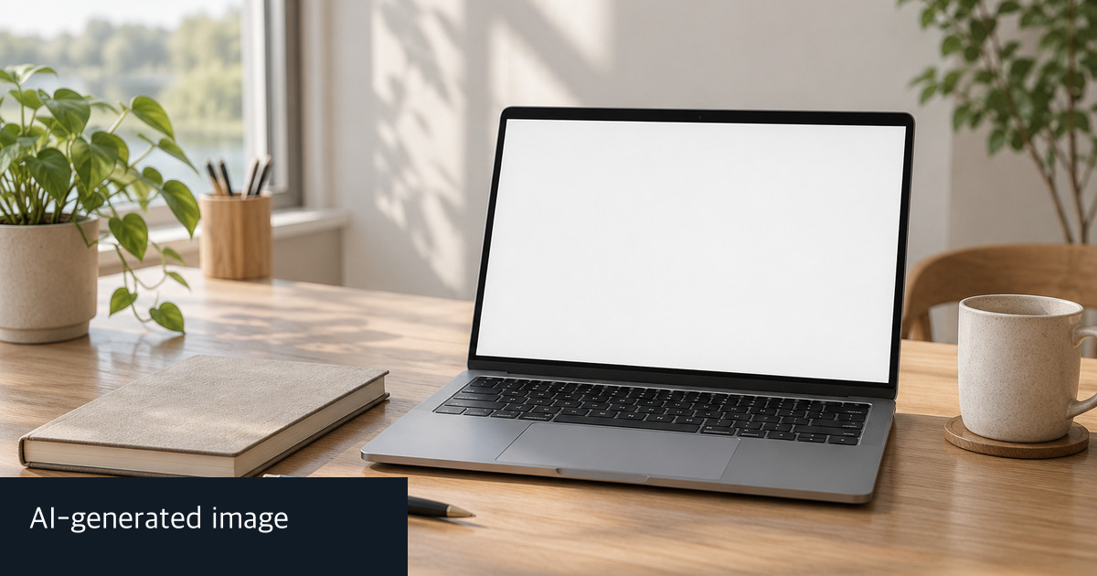 Blank-screen laptop and closed notebook on a desk, AI-generated image