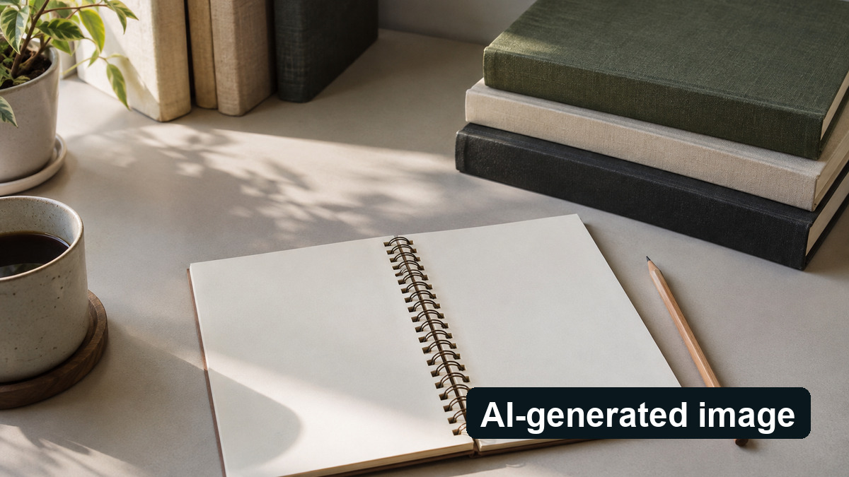 AI-generated image: Blank notebook and books at an ordinary study desk