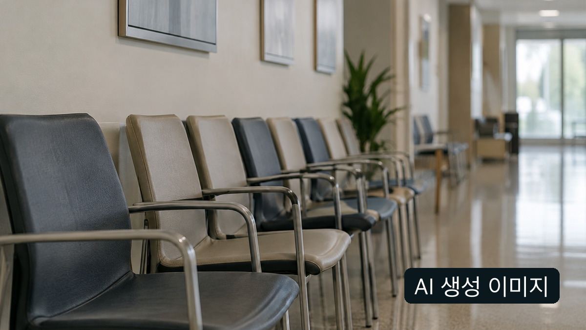 AI 생성 이미지: 의자가 나란히 놓인 일반 대기 공간, 실제 시험장 아님