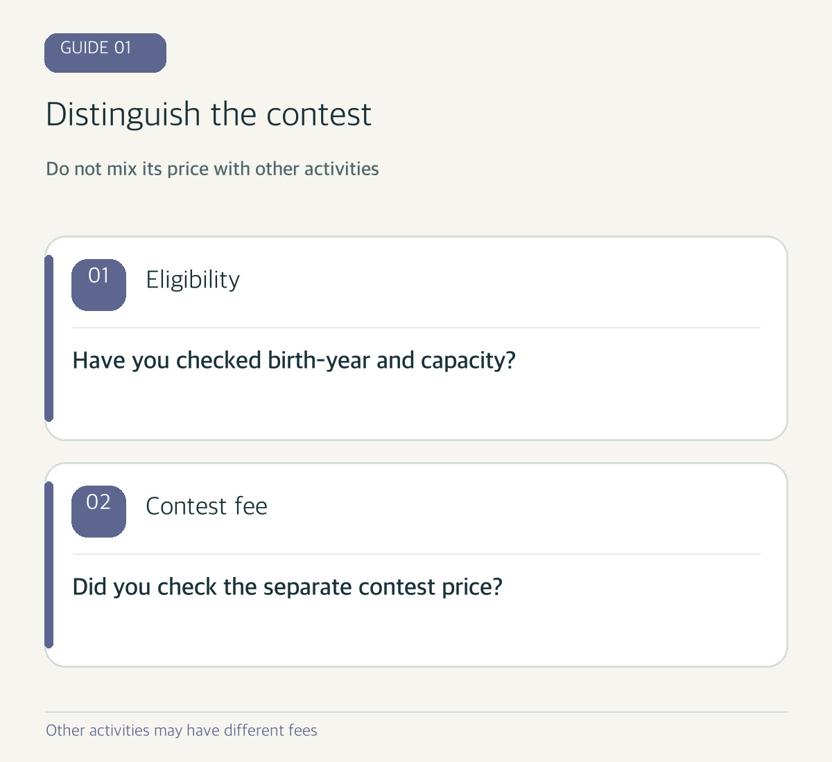 Code-drawn diagram: keep contest eligibility and fee distinct from other activities