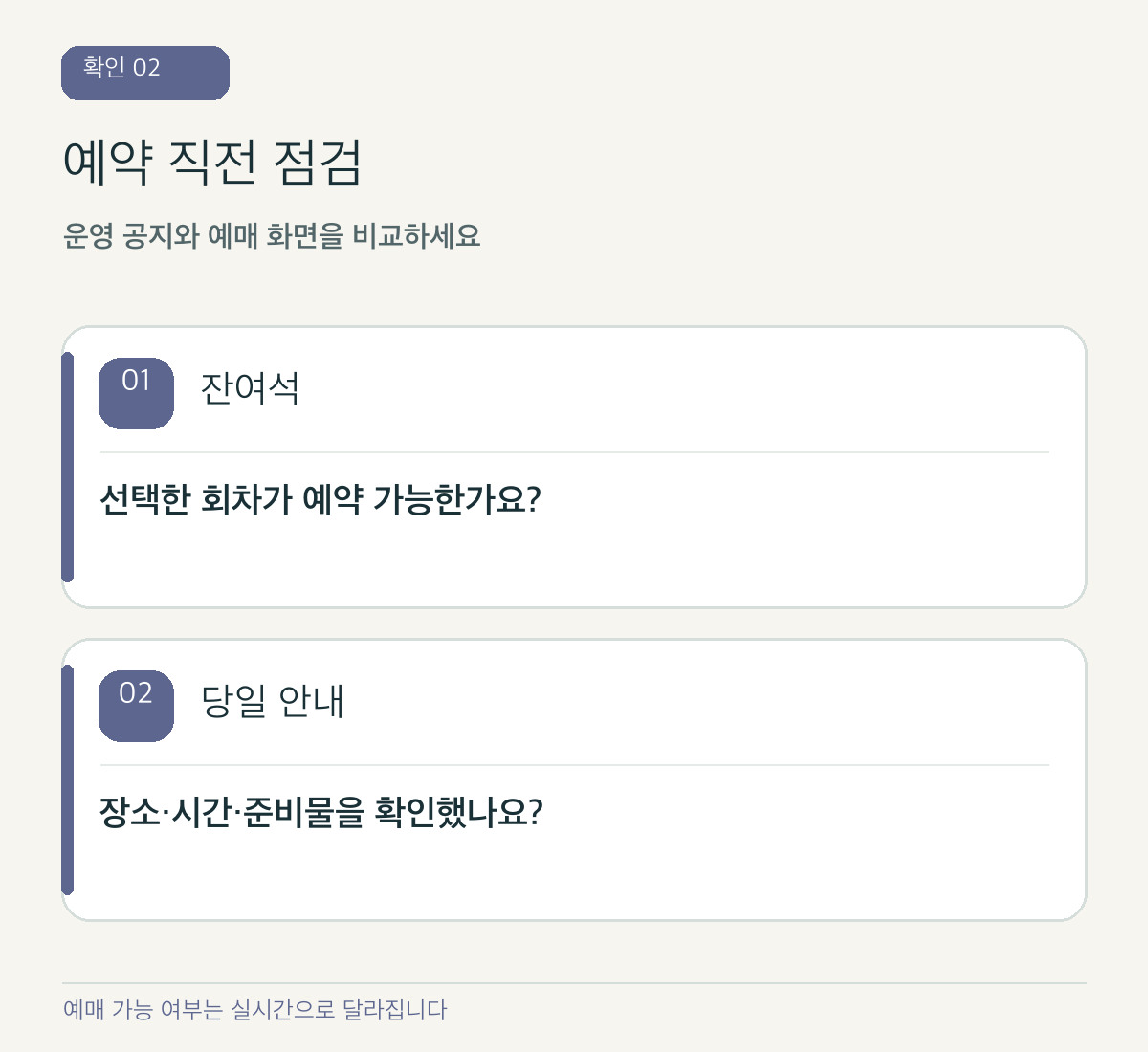 직접 제작 도식: 예약 직전 잔여석·시간·장소 확인