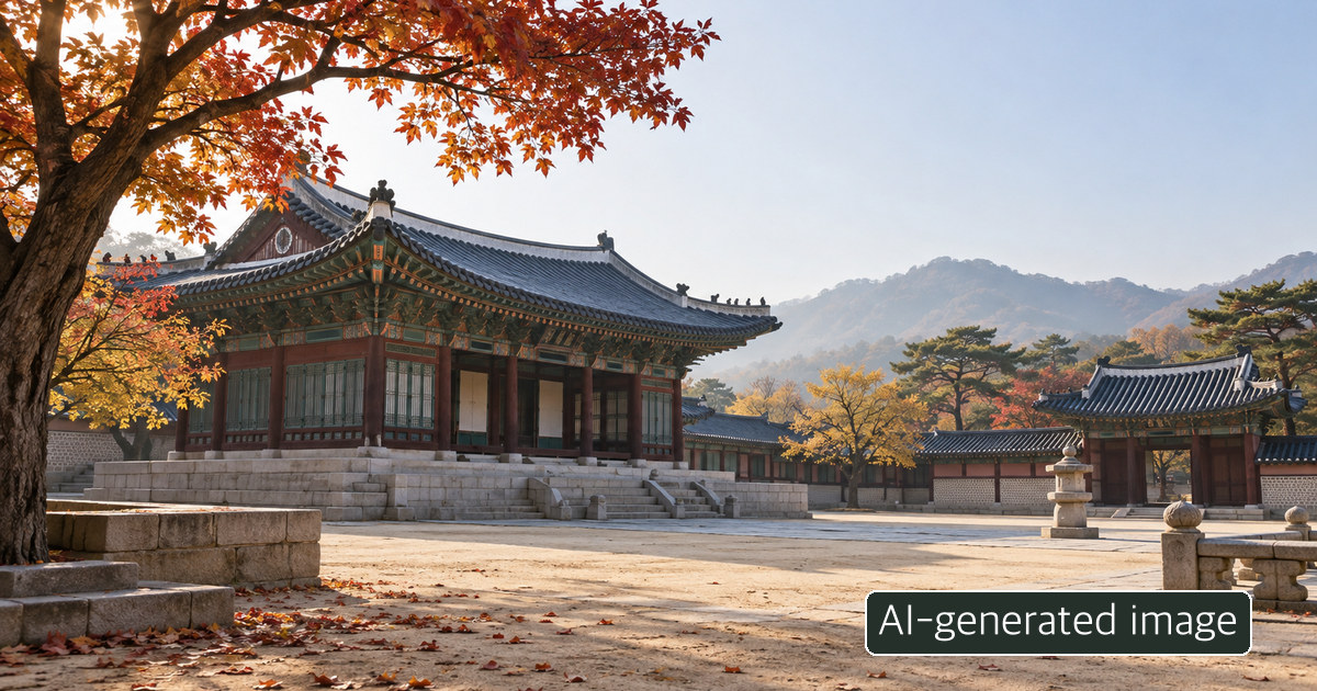 AI-generated conceptual photograph of a generic Korean palace courtyard in autumn, not the actual Heungbokjeon hall or a documented event scene.