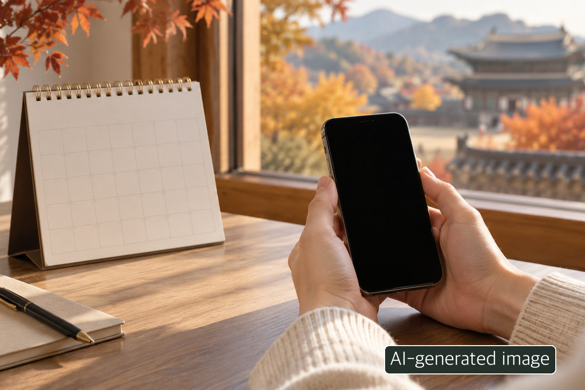 AI-generated conceptual photo of hands by a blank calendar and an inactive phone screen; not an actual booking interface or confirmed ticket.