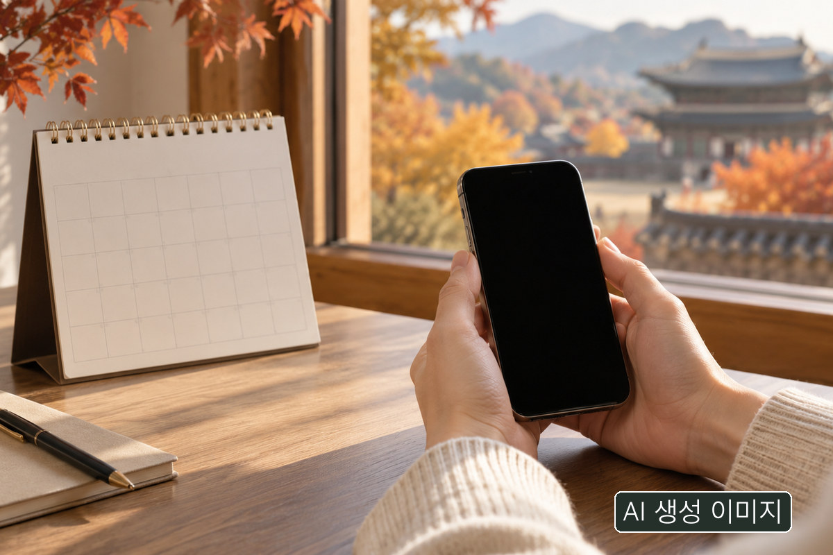 AI 생성 개념 사진: 빈 달력과 화면이 꺼진 휴대전화를 보는 손. 실제 예약 화면이나 확정된 표가 아닙니다.