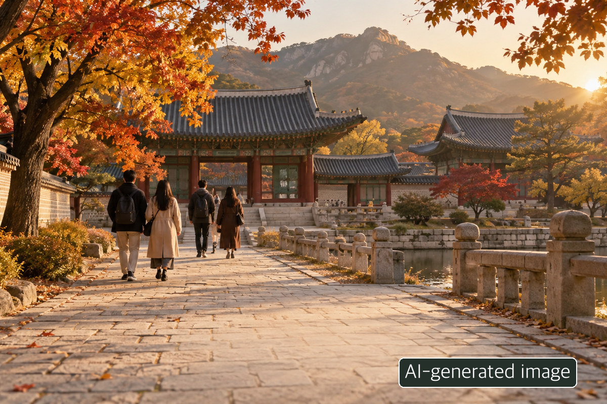 AI-generated conceptual scene of anonymous visitors approaching a generic Korean palace in autumn; not an actual Heungbokjeon event or participant photograph.