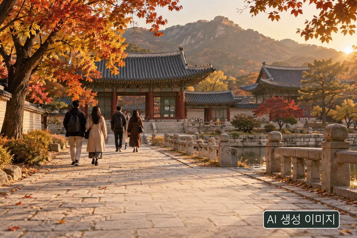 AI 생성 개념 사진: 가을 궁궐을 향해 걷는 익명의 방문객. 실제 흥복전 행사·참가자 촬영 사진이 아닙니다.