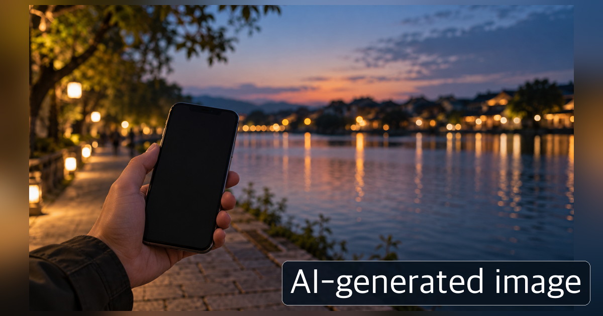 Hand holding a smartphone beside illuminated water at dusk