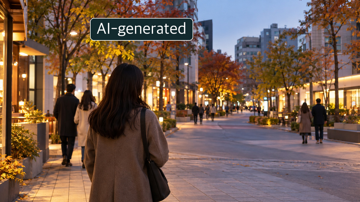 AI-generated image: Woman in a beige coat seen from behind on a wide autumn-tree-lined pedestrian street with lit storefronts at dusk