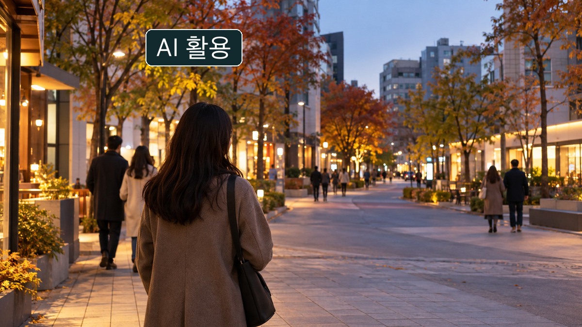 AI 생성 이미지: 해질 무렵 단풍나무와 불 켜진 상점이 있는 넓은 보행자 거리에서 베이지색 코트를 입은 여성이 뒤돌아 서 있는 장면
