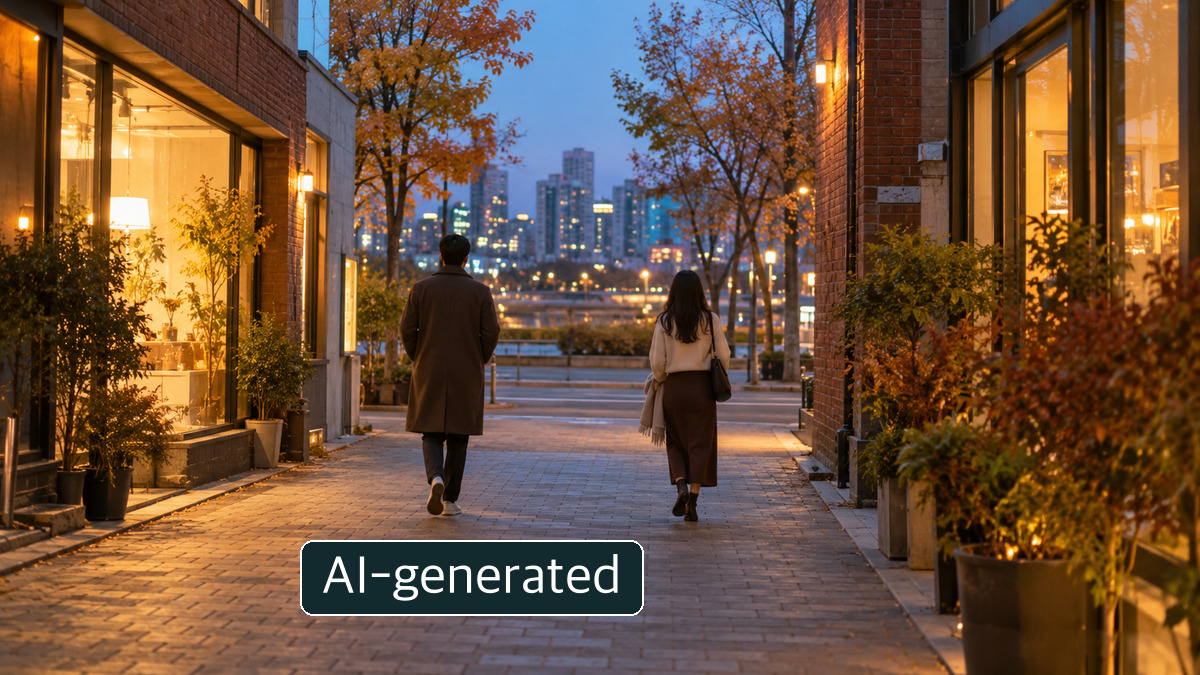 Two people walking along a brick-lined sidewalk beside a quiet street