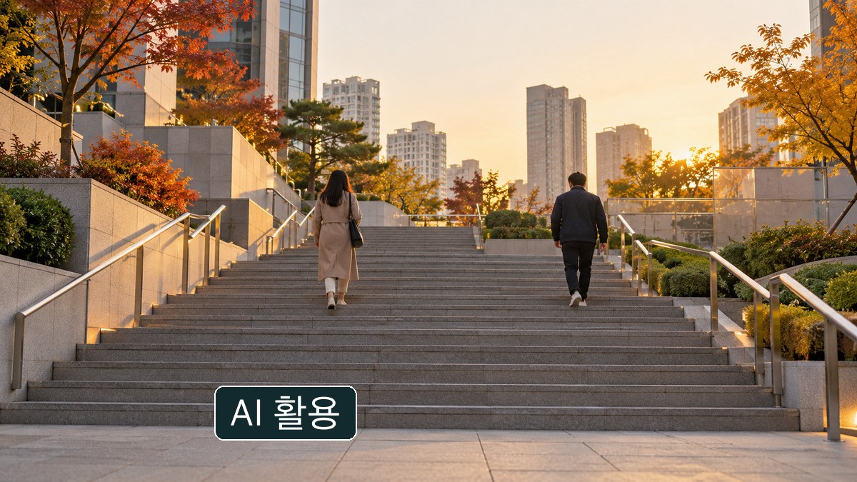 난간이 있는 야외 계단을 두 사람이 올라가는 장면