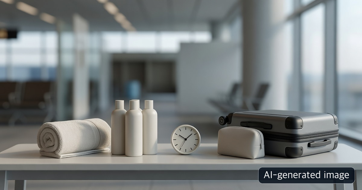 AI-generated generic shower-planning still life with towel, plain toiletries, clock, and luggage