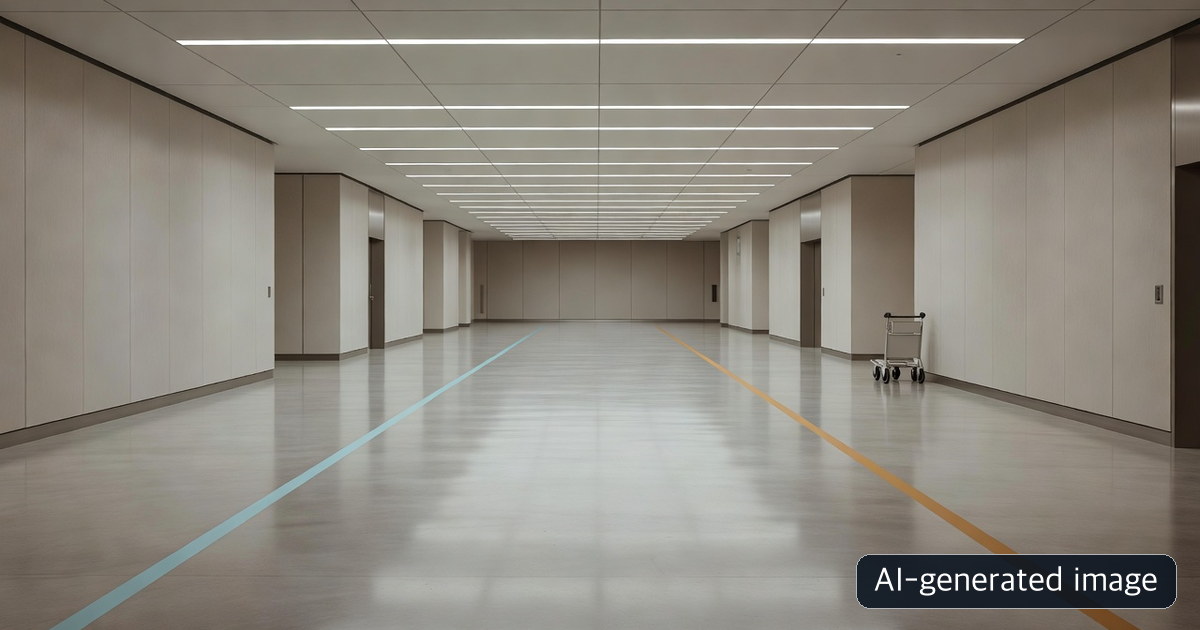AI-generated generic airport arrival-hall route illustration, not a photograph of the actual facility