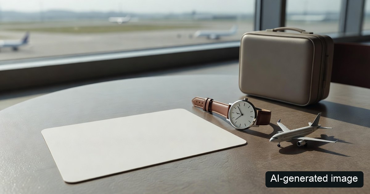 AI-generated image: blank card, watch and suitcase illustrating time planning; not real airport documents